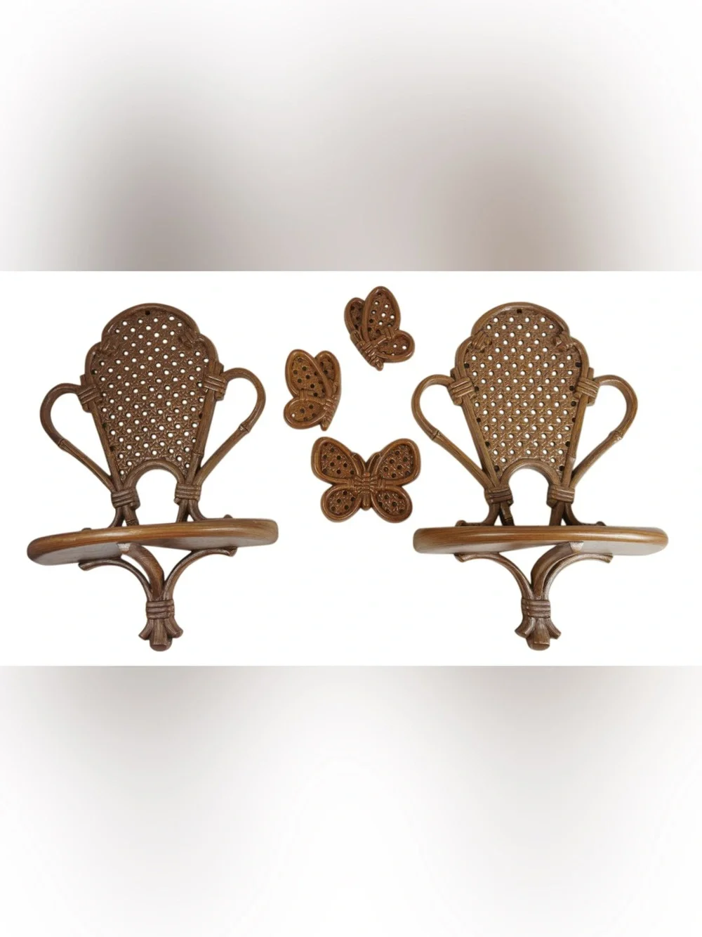 Vintage Retro Faux Wicker & Cane Wall Shelves with Butterfly Plaques